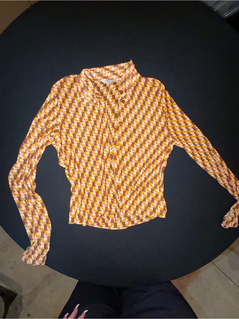 Zara Retro 70s Geometric Print Button Down Blouse Orange Brown M